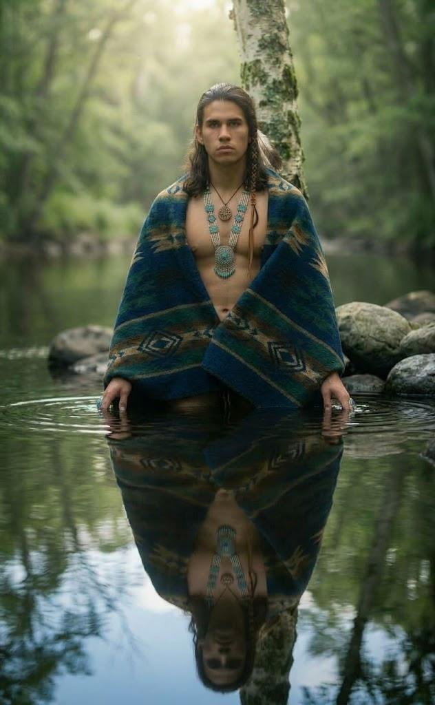 Wiingashk Courchane, President of Rocky Boy Media and Arts Inc., standing in clear forest water wrapped in a blue blanket
