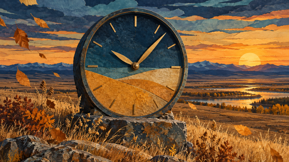 Editorial illustration of an analog clock against a Montana-inspired autumn prairie.