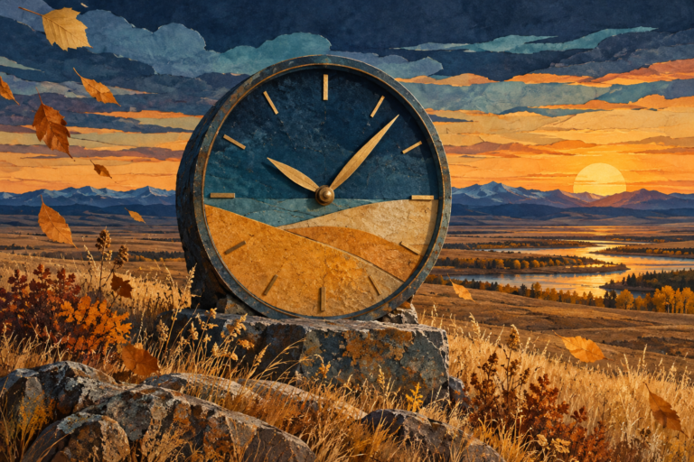 Editorial illustration of an analog clock against a Montana-inspired autumn prairie.