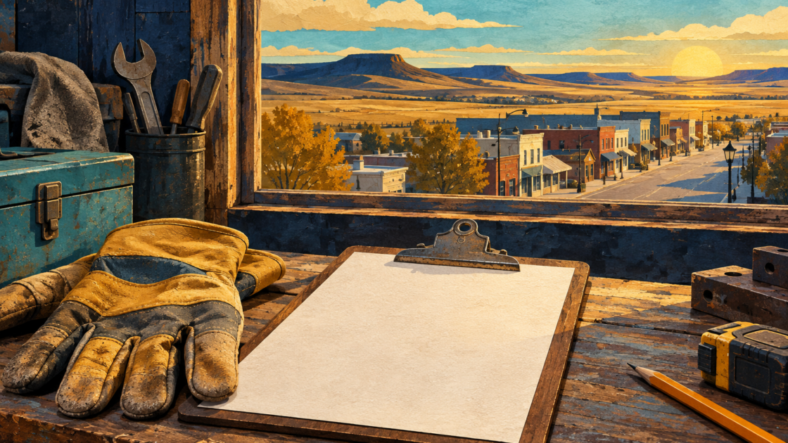 Editorial illustration of work gloves and a blank clipboard beside a rural main-street view.