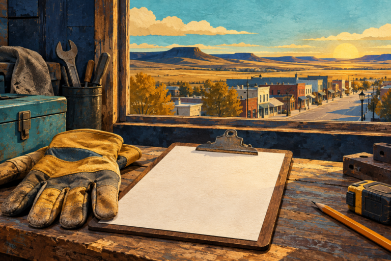 Editorial illustration of work gloves and a blank clipboard beside a rural main-street view.