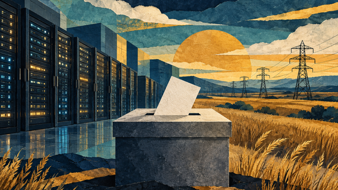 Editorial illustration of server racks, an unmarked ballot box and prairie power lines.