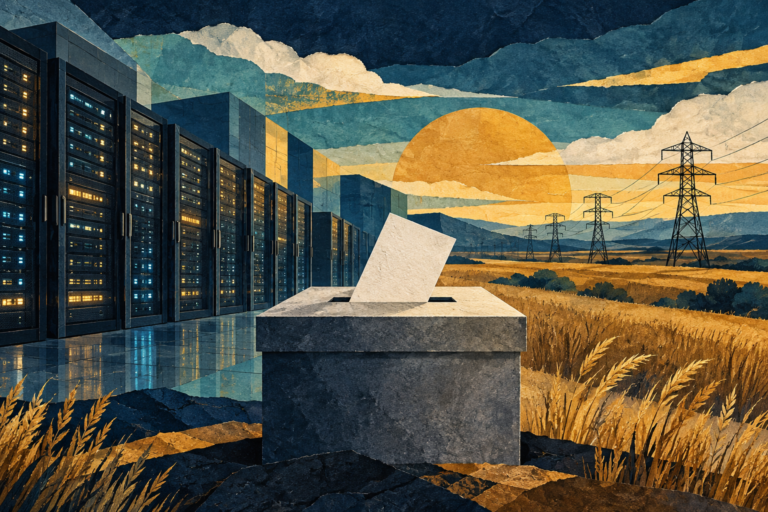 Editorial illustration of server racks, an unmarked ballot box and prairie power lines.