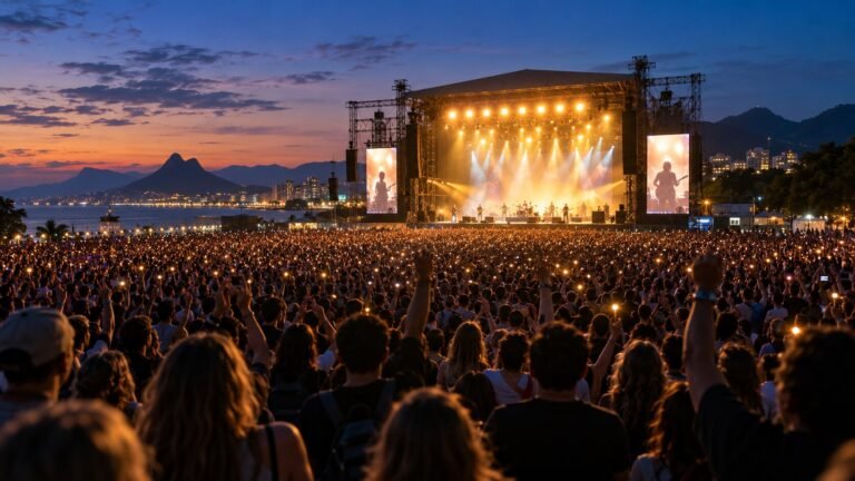 Crowd at an outdoor benefit concert at dusk — AI-generated illustrative artwork, not a photograph of the actual event or artist