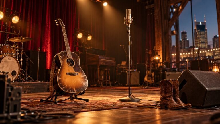 Acoustic guitar and microphone on a warmly lit country music stage — AI-generated illustrative artwork, not a photograph of the actual event or artist