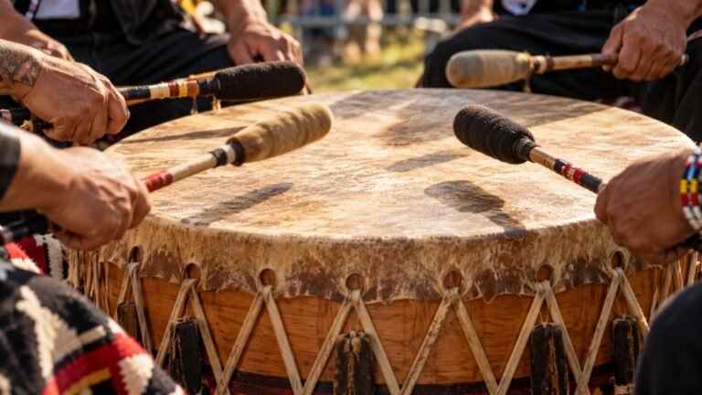 Hands performing on a wooden drum outdoors — AI-generated illustrative artwork, not a photograph of the actual event or artist