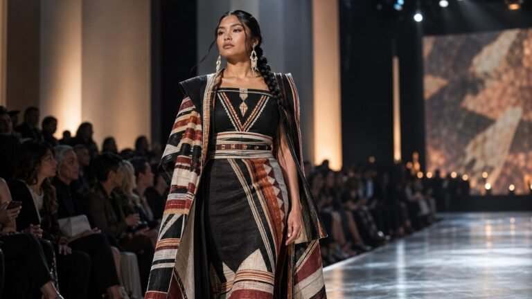 Contemporary Indigenous fashion runway under warm spotlights — AI-generated illustrative artwork, not a photograph of the actual event or artist