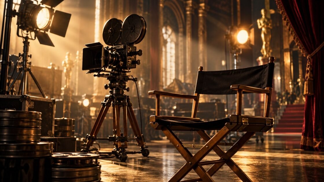 Film camera and director chair inside a dramatic studio — AI-generated illustrative artwork, not a photograph of the actual event or artist