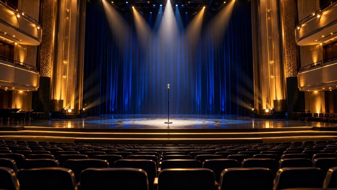 Spotlit microphone on an empty awards stage — AI-generated illustrative artwork, not a photograph of the actual event or artist