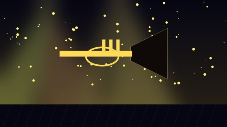 Illustration of a trumpet under gold stage lights