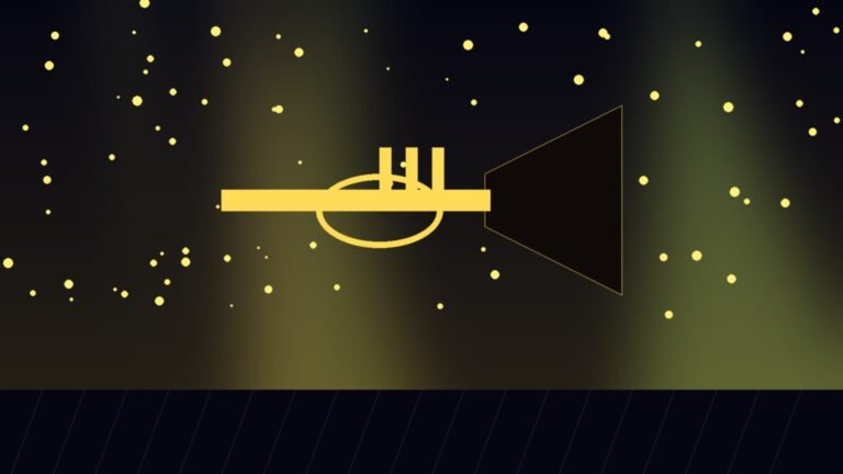 Illustration of a trumpet under gold stage lights