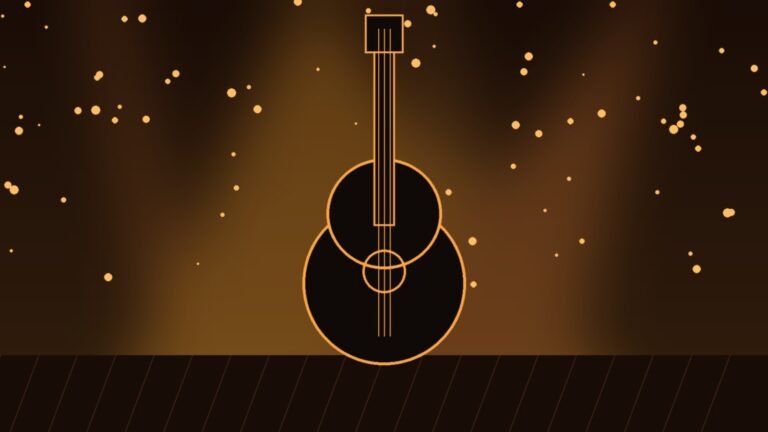Illustration of an acoustic guitar under warm stage lights
