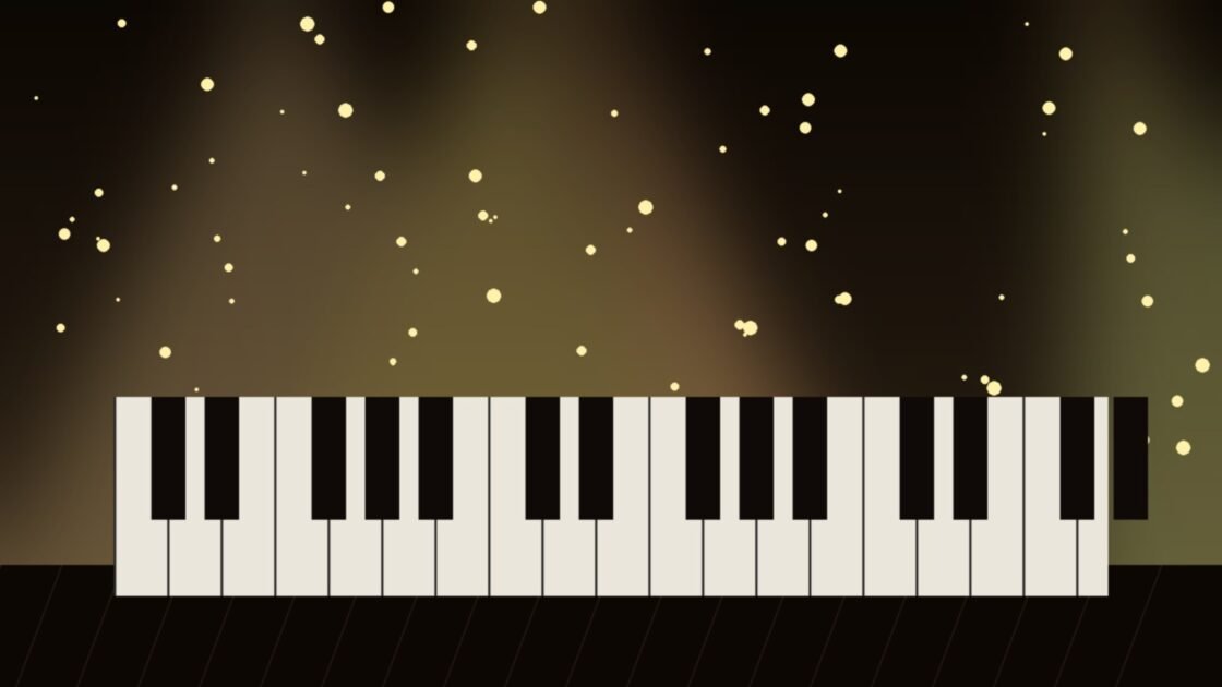 Illustration of piano keys under warm stage light
