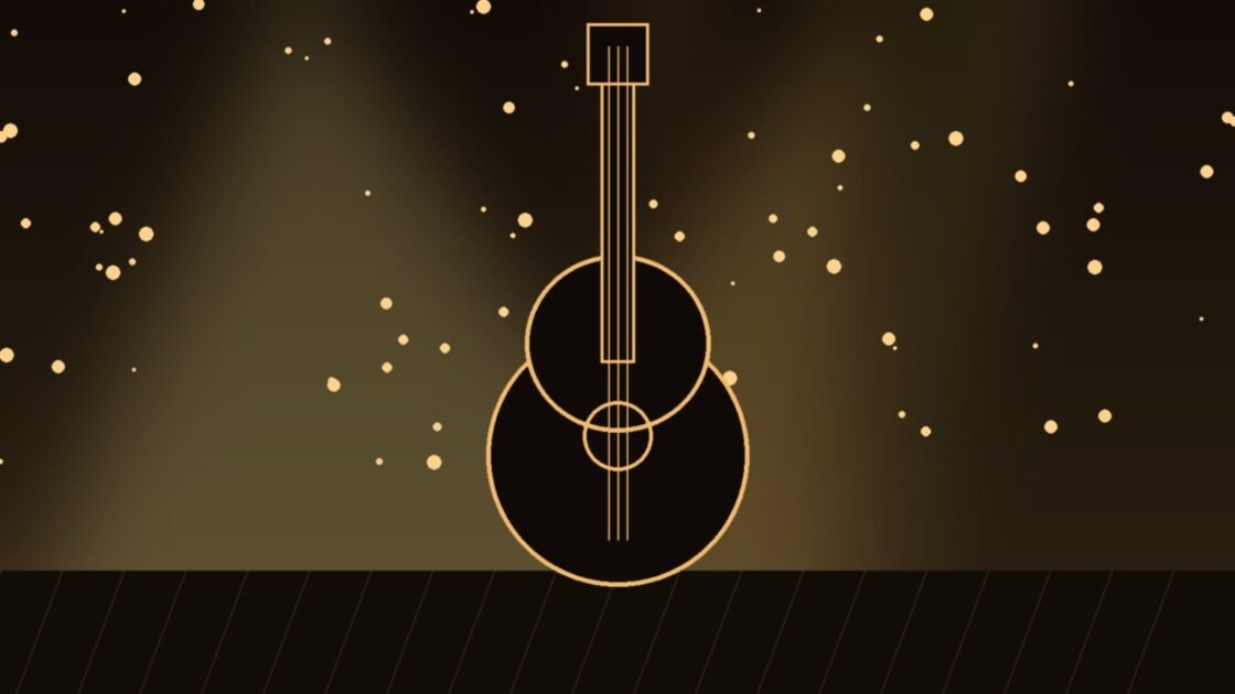 Illustration of a stringed instrument under warm stage lights