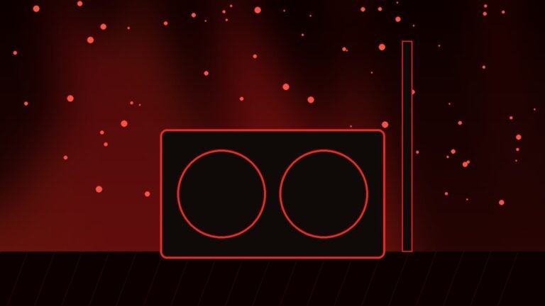 Illustration of a guitar amplifier under red stage lights