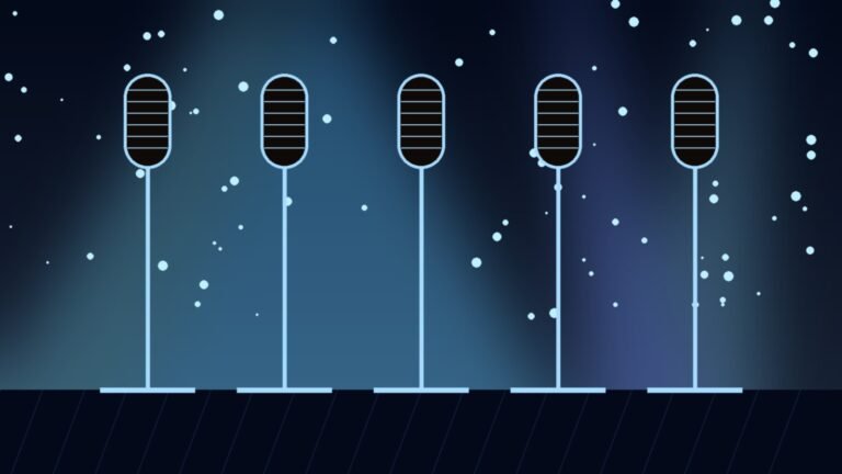 Illustration of five microphones on a stage under blue lights