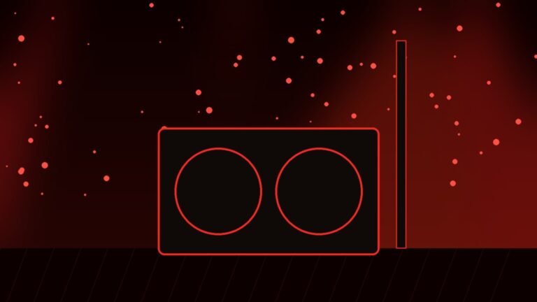 Illustration of a guitar amplifier under red stage lights