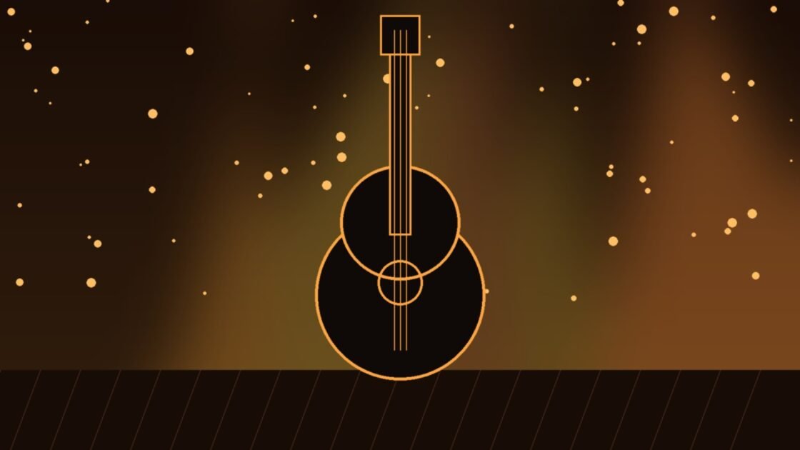 Illustration of an acoustic guitar under warm stage lights