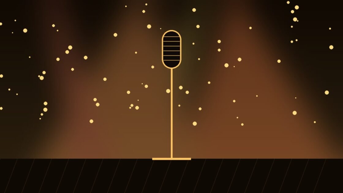 Illustration of a vintage microphone under warm stage lights