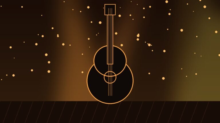 Illustration of an acoustic guitar under warm stage lights