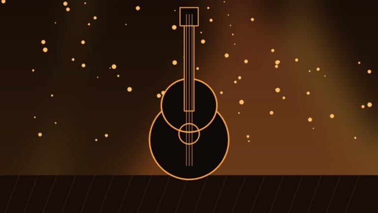 Illustration of an acoustic guitar under warm stage lights