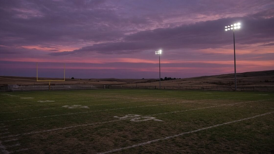 Empty small-town football field at dusk with stadium lights on and prairie hills beyond.