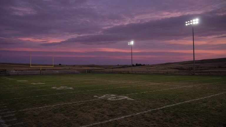 Empty small-town football field at dusk with stadium lights on and prairie hills beyond.