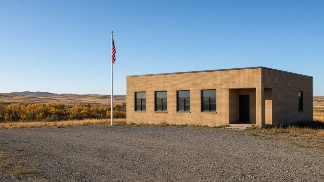 Single-story tan brick rural school building with a flagpole under a clear autumn sky.