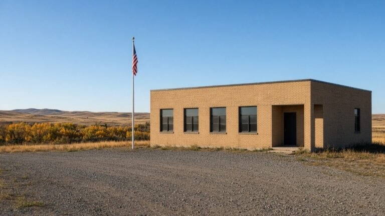 Single-story tan brick rural school building with a flagpole under a clear autumn sky.