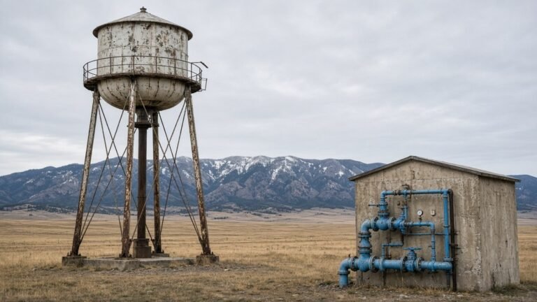 Weathered water tower and a concrete pump house with blue pipes and valves on the prairie, mountains behind.
