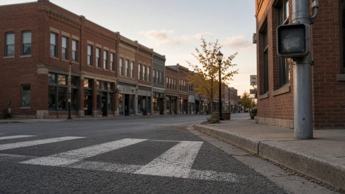 Painted crosswalk and pedestrian signal at a brick main street intersection in early evening light.