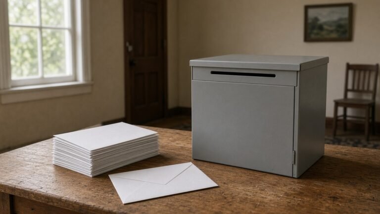 Gray metal ballot drop box beside a stack of blank ballots and an envelope on a wooden table in a community hall.