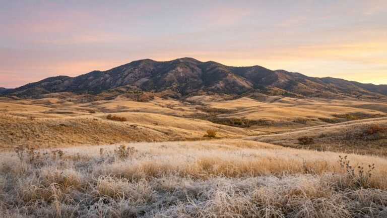 Sunrise over the Bears Paw Mountains with frost on the golden prairie grass in the foreground.