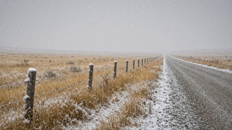 Early snow falling on golden prairie grass along a barbed-wire fence and a gravel road.