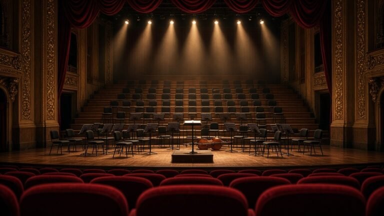 Empty historic theater stage set with orchestra chairs, music stands, a conductor's podium and choir risers.