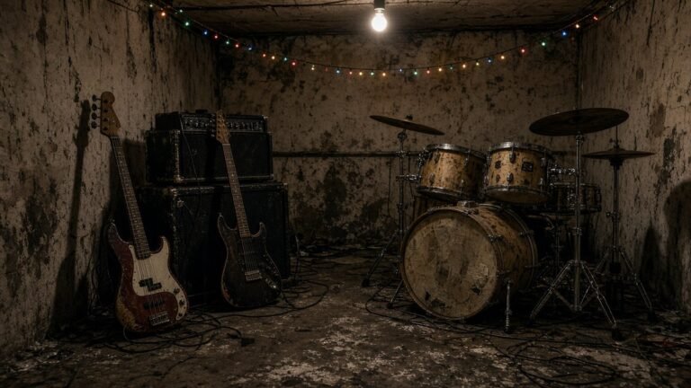Worn bass, electric guitar, amplifiers and a beat-up drum kit in a gritty practice room lit by a bare bulb and colored string lights.