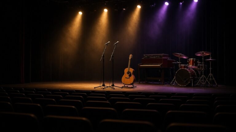 Empty concert stage with two microphone stands, an acoustic guitar, an organ and a drum kit under gold and purple lights.
