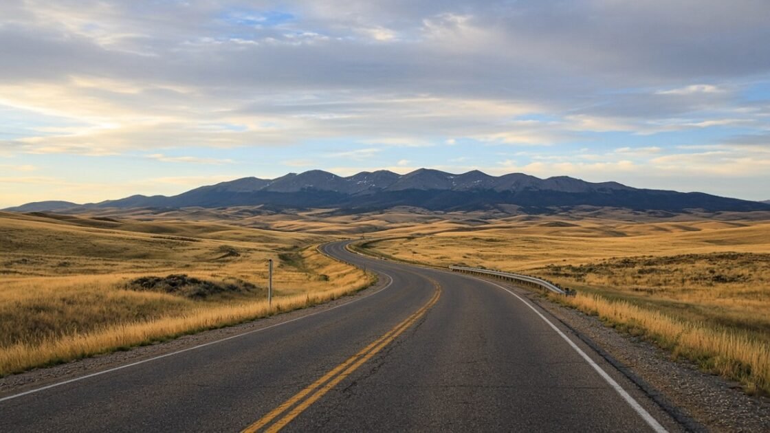Two-lane highway curving through golden prairie toward the Bears Paw Mountains, with a guardrail on the bend.