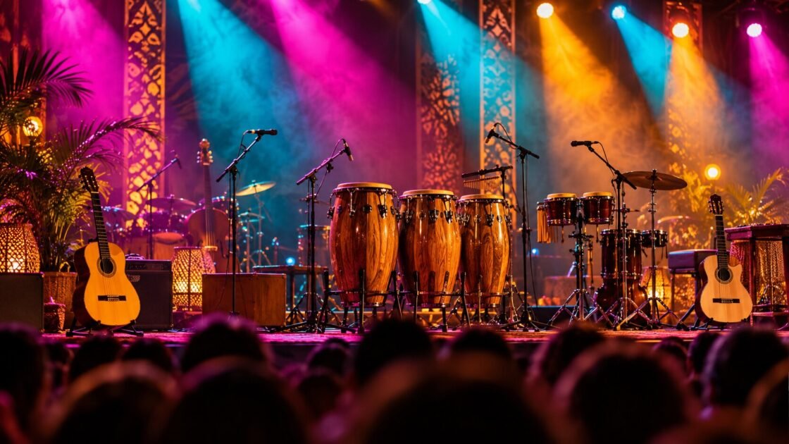 Colorful Latin music stage and percussion instruments — AI-generated illustrative artwork, not a photograph of the actual event or artist