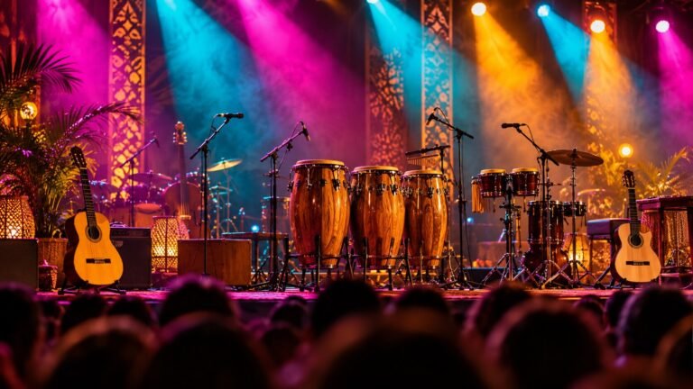 Colorful Latin music stage and percussion instruments — AI-generated illustrative artwork, not a photograph of the actual event or artist