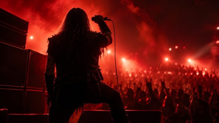 Unidentified rock vocalist silhouetted on stage — AI-generated illustrative artwork, not a photograph of the actual event or artist