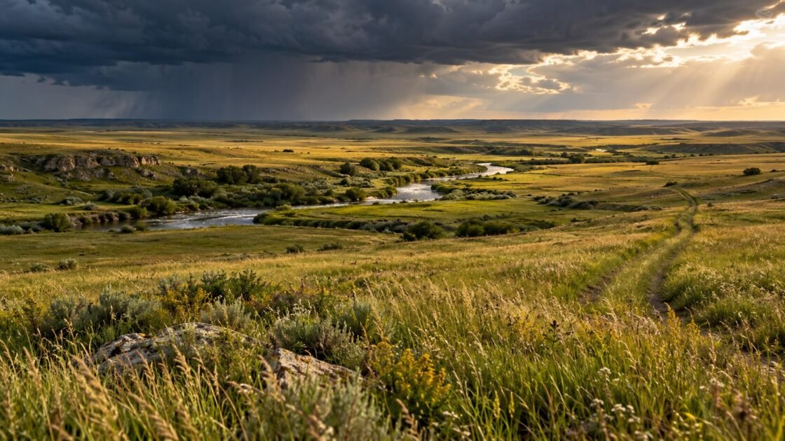 Wide prairie landscape with clouds and distant horizon — AI-generated illustrative artwork, not a photograph of the actual event or artist