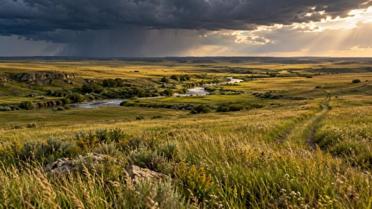 Wide prairie landscape with clouds and distant horizon — AI-generated illustrative artwork, not a photograph of the actual event or artist