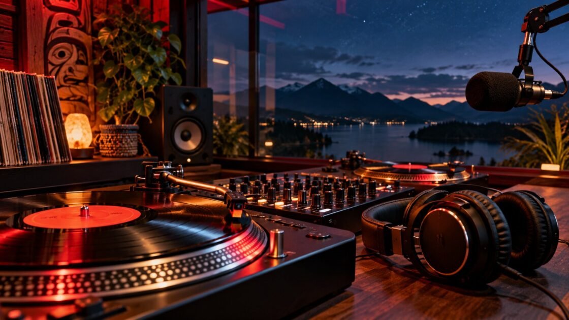 Radio studio turntable and professional headphones — AI-generated illustrative artwork, not a photograph of the actual event or artist