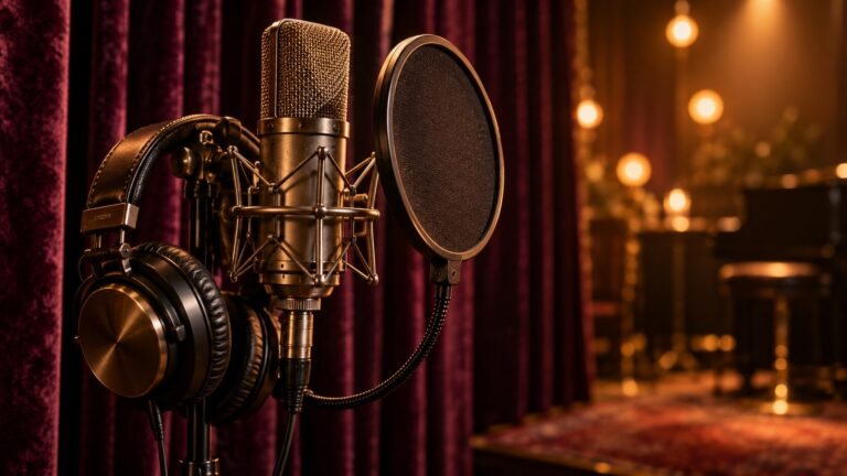 Studio vocal microphone in warm light — AI-generated illustrative artwork, not a photograph of the actual event or artist