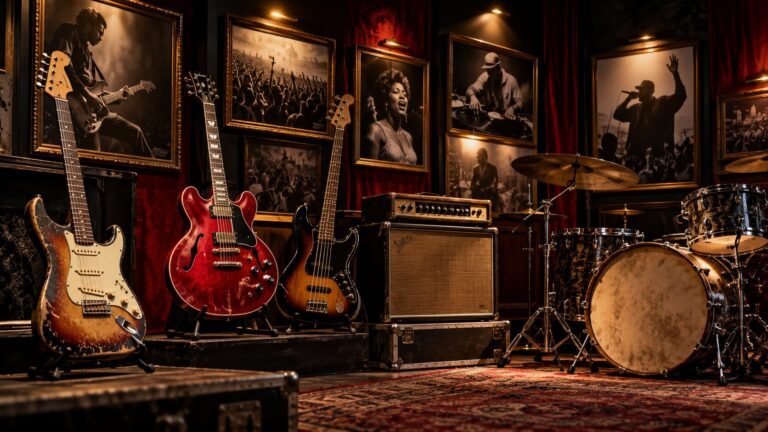 Historic electric guitars, amplifier and drums under museum lighting — AI-generated illustrative artwork, not a photograph of the actual event or artist