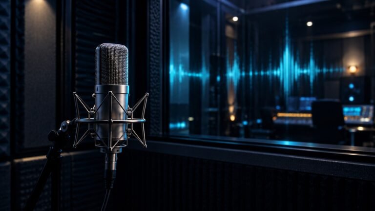 Condenser microphone in a dark recording booth — AI-generated illustrative artwork, not a photograph of the actual event or artist